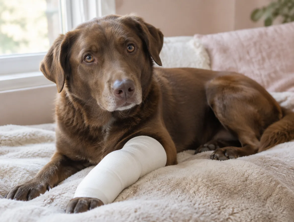 A brown dog resting with a white cast on one front leg