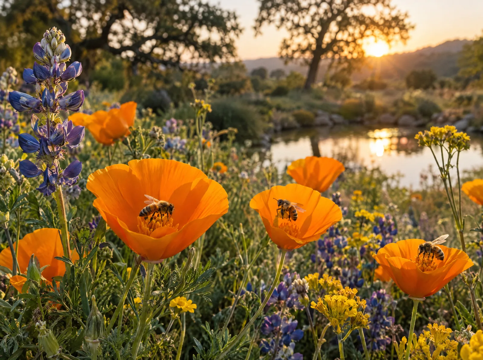 Vision of the future sanctuary, not built yet: honeybees on California poppies beside a small pond at sunrise