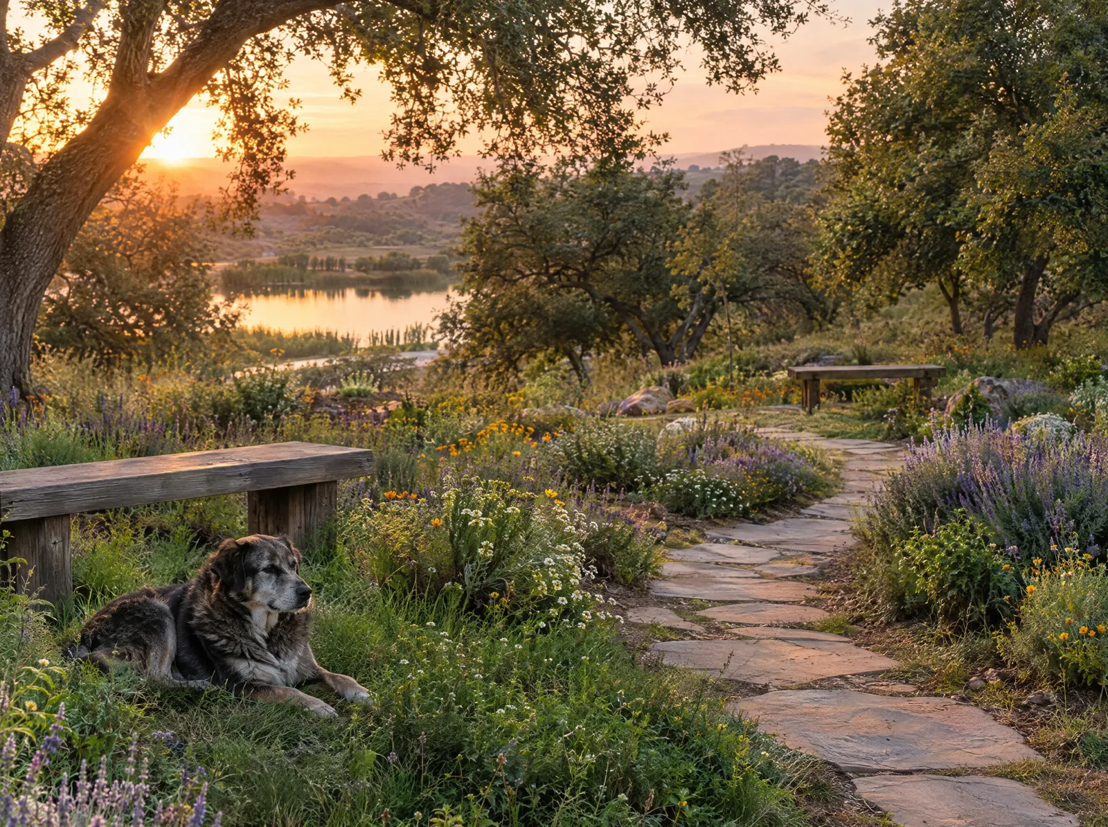 Vision of the future sanctuary, not built yet: a meditation garden at sunrise with a stone path, wooden benches, wildflowers, a resting dog and a pond beyond the trees