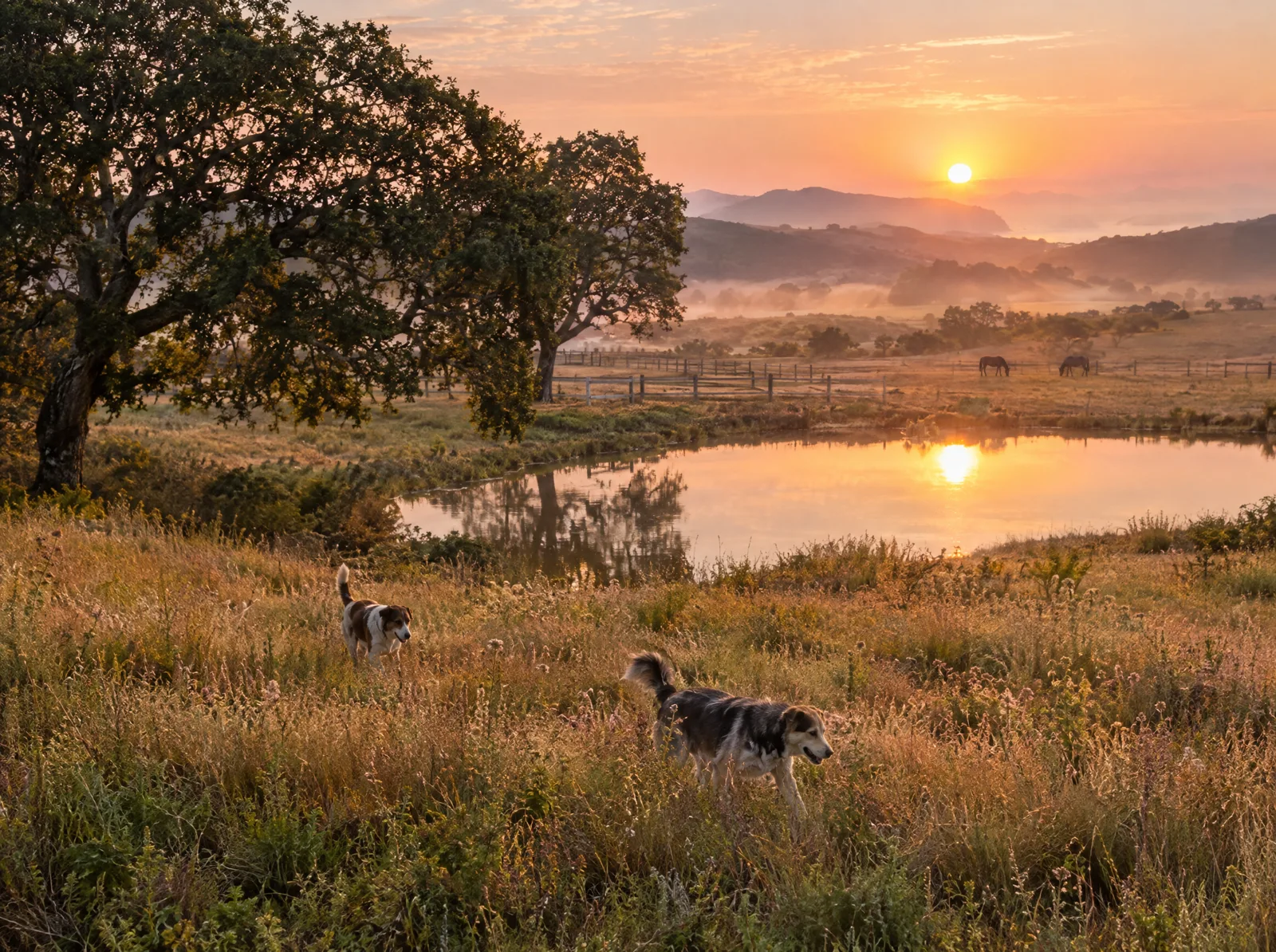 Vision of the future sanctuary, not built yet: sunrise over open land, a small pond, oak trees, two dogs in the grass and horses in a distant pasture