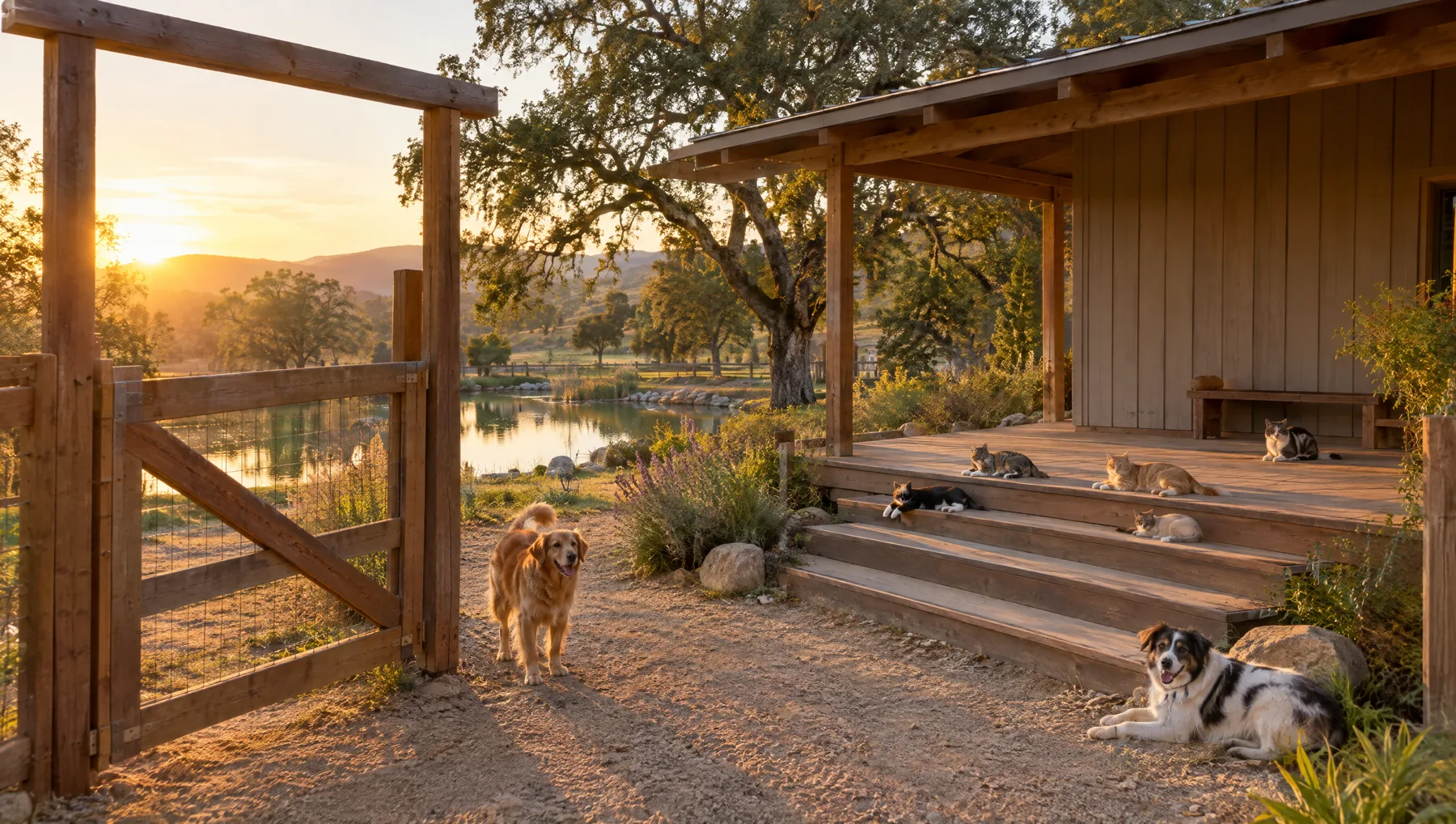Vision of the future sanctuary, not built yet: a wooden welcome gate and porch at sunrise, with dogs nearby and cats resting on the steps, and a pond beyond