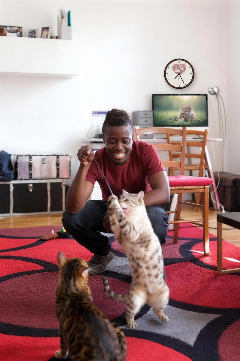 Volunteer playing with two rescue cats, with a Healing Hearts Sanctuary SoCal clock on the wall above the TV