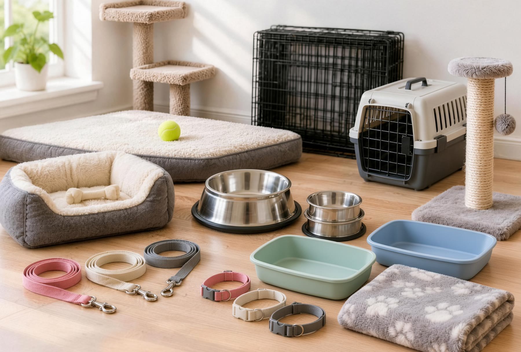 Pet supplies on a wish list: flat dog bed with a tennis ball, small bed with a bone chew, cat tree, crate, carrier, bowls, leashes, collars, two litter boxes beside a blanket and a scratching post